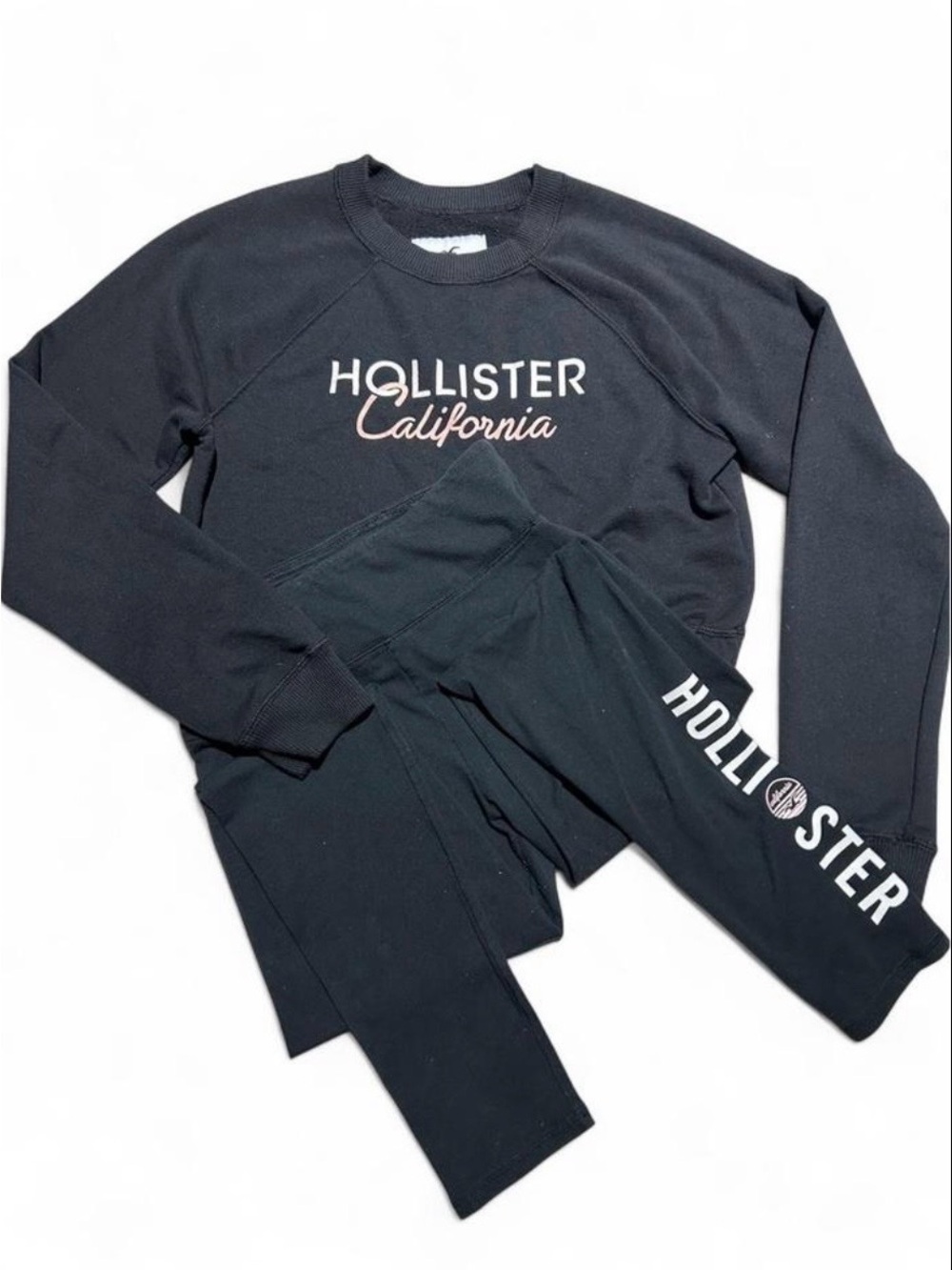 Hollister Cropped Black Sweatshirt & Leggings Set with White Logo